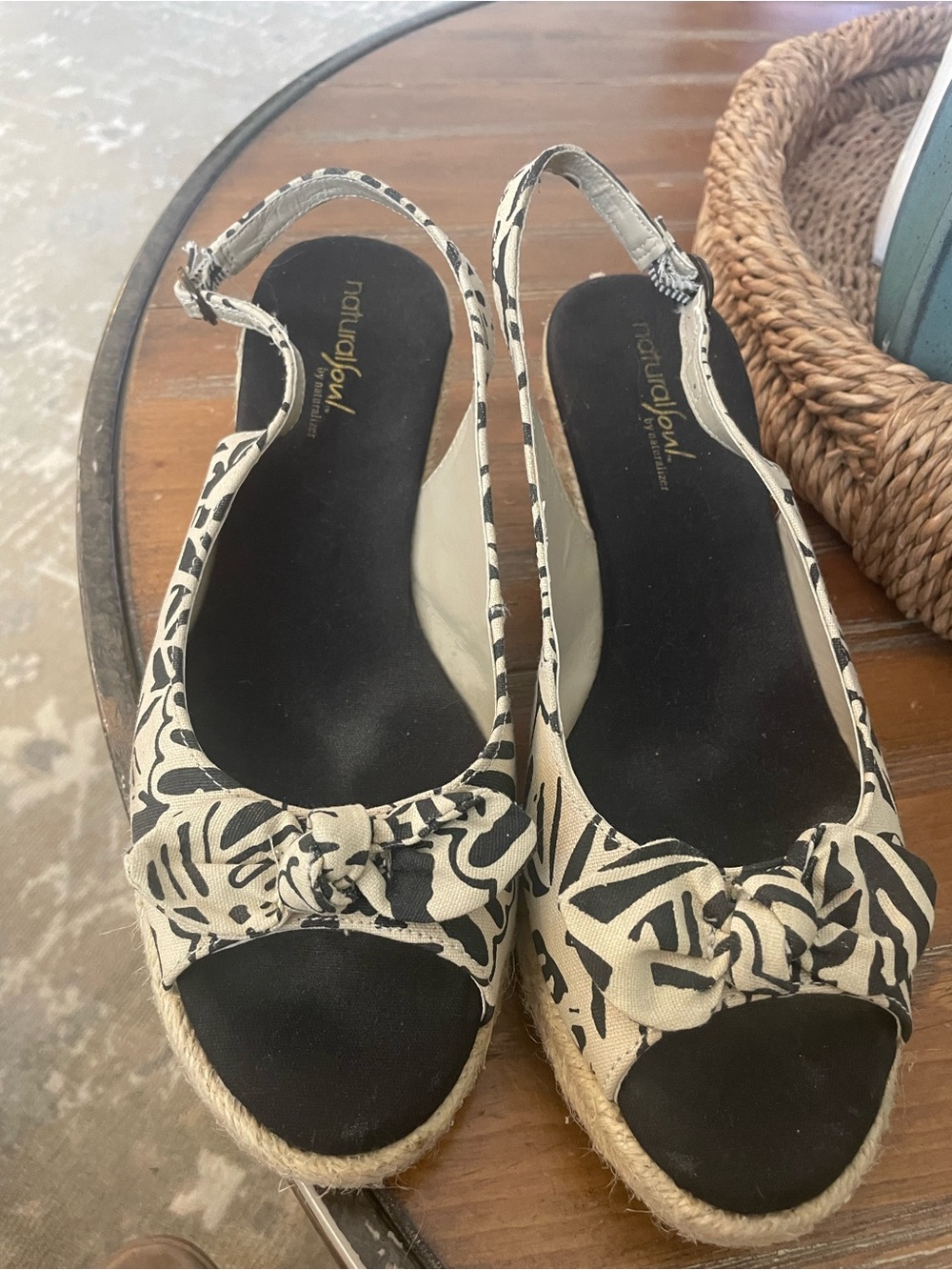 Naturalizer Black & Cream Patterned Slingback Espadrille Wedges